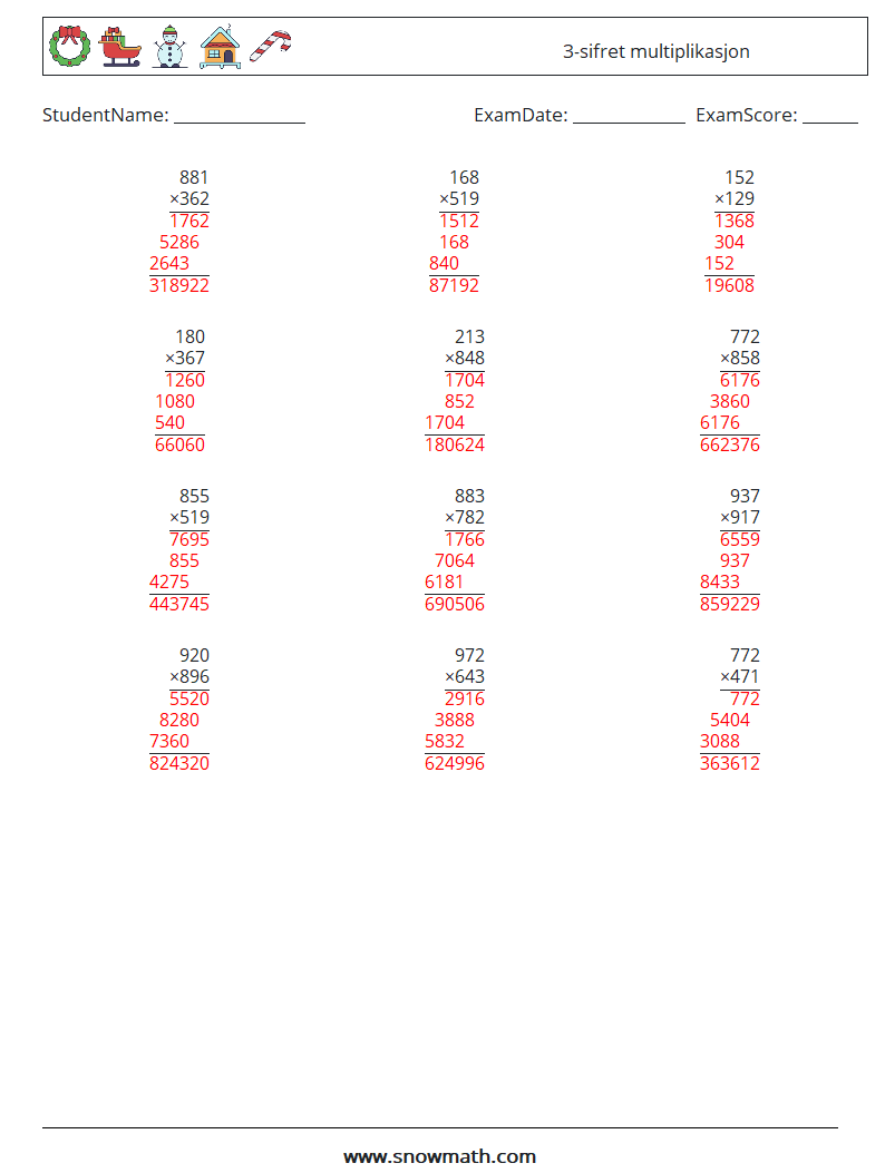 (12) 3-sifret multiplikasjon MathWorksheets 2 QuestionAnswer