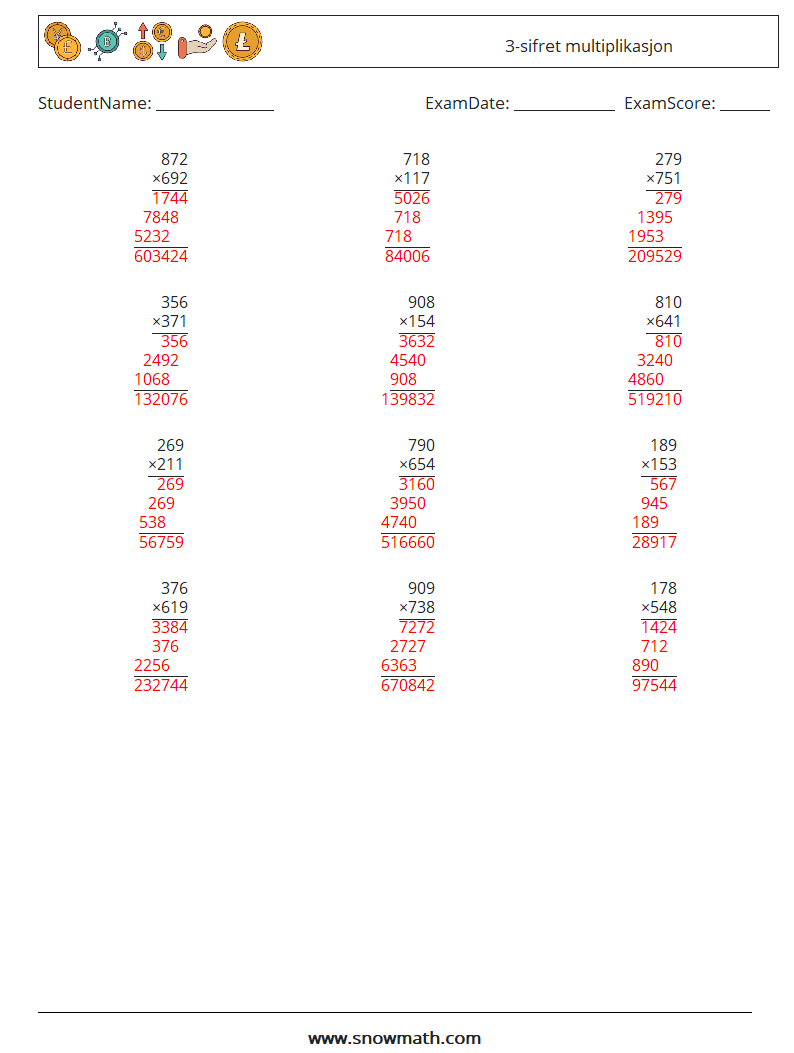 (12) 3-sifret multiplikasjon MathWorksheets 3 QuestionAnswer