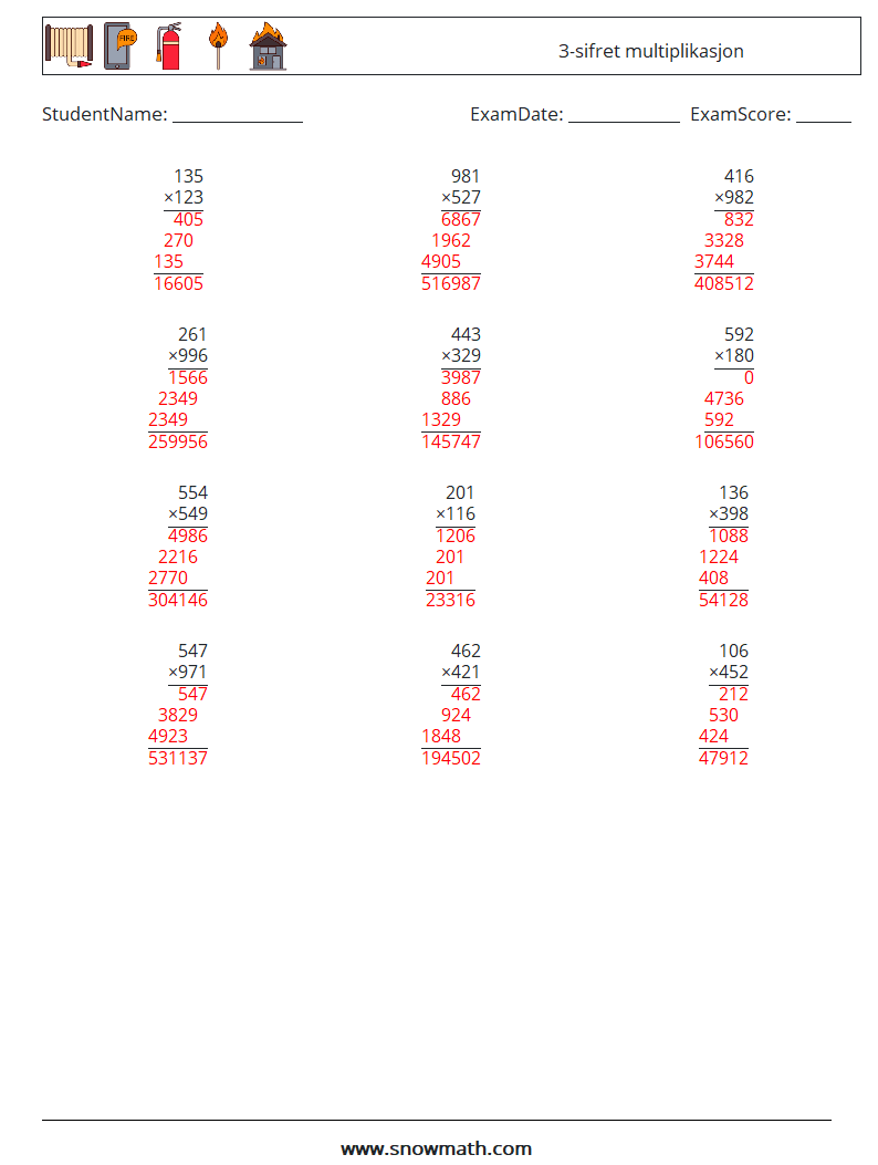 (12) 3-sifret multiplikasjon MathWorksheets 4 QuestionAnswer