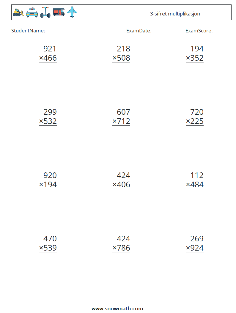 (12) 3-sifret multiplikasjon MathWorksheets 5