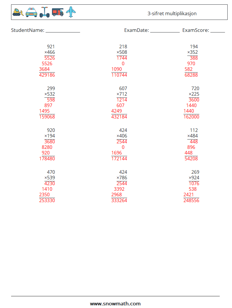 (12) 3-sifret multiplikasjon MathWorksheets 5 QuestionAnswer