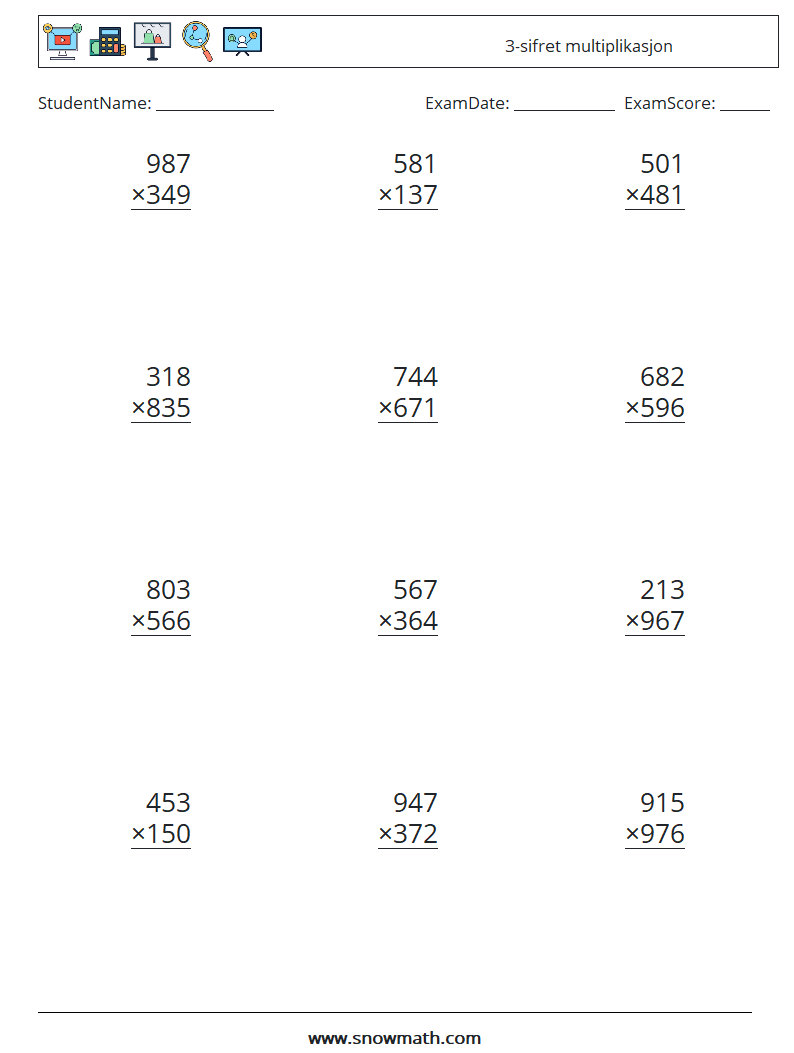 (12) 3-sifret multiplikasjon MathWorksheets 6