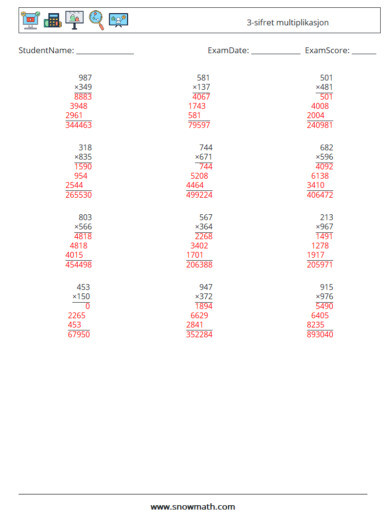 (12) 3-sifret multiplikasjon MathWorksheets 6 QuestionAnswer