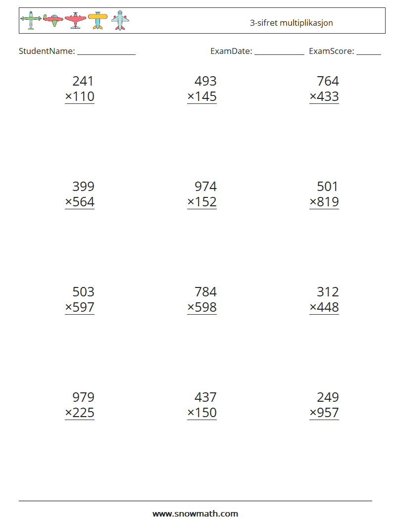 (12) 3-sifret multiplikasjon MathWorksheets 8