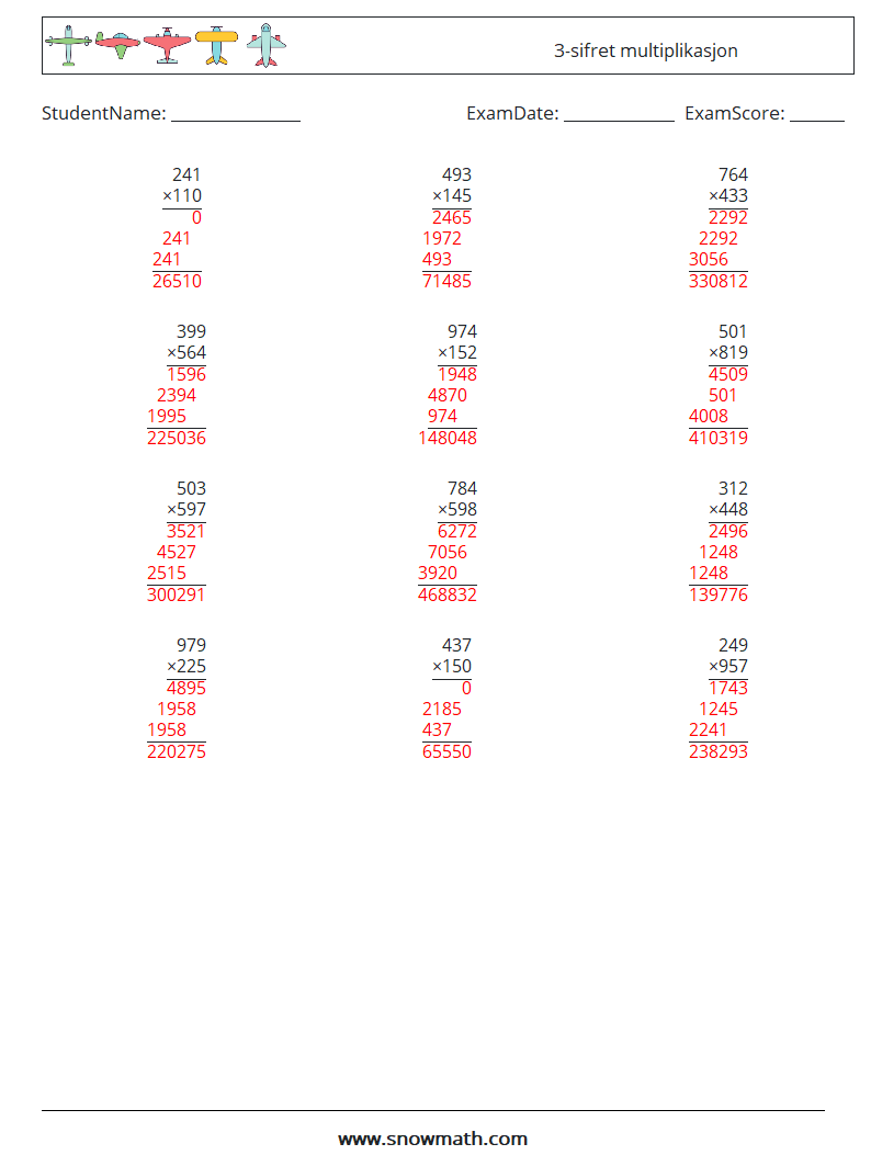 (12) 3-sifret multiplikasjon MathWorksheets 8 QuestionAnswer