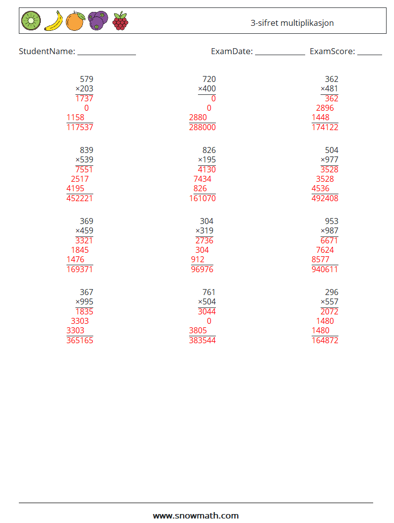 (12) 3-sifret multiplikasjon MathWorksheets 9 QuestionAnswer