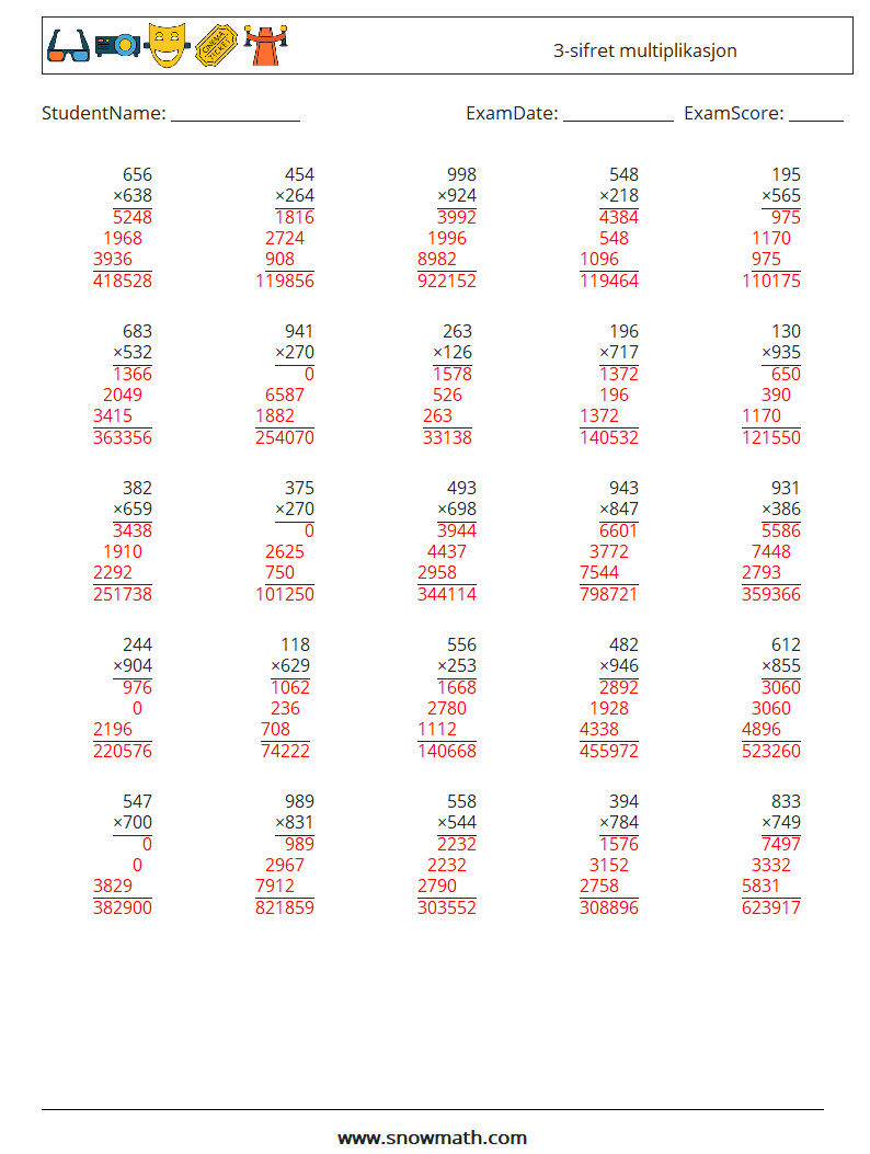 (25) 3-sifret multiplikasjon MathWorksheets 10 QuestionAnswer