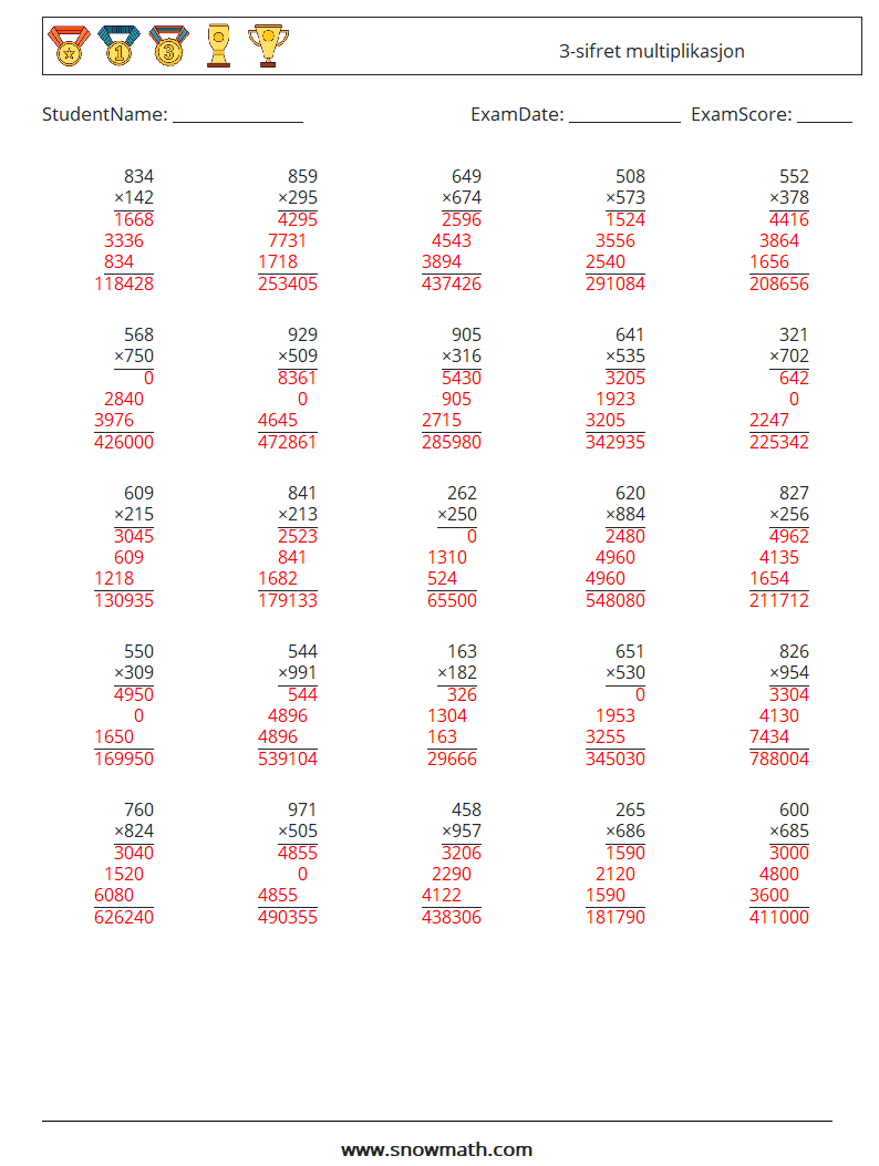 (25) 3-sifret multiplikasjon MathWorksheets 12 QuestionAnswer