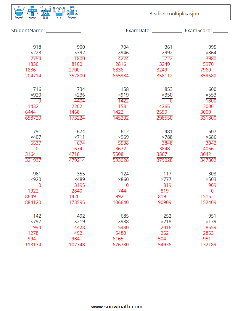 (25) 3-sifret multiplikasjon MathWorksheets 14 QuestionAnswer