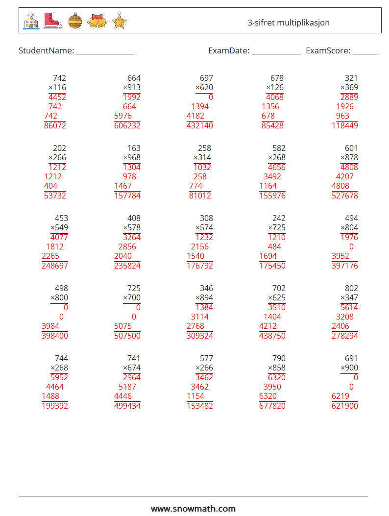 (25) 3-sifret multiplikasjon MathWorksheets 17 QuestionAnswer