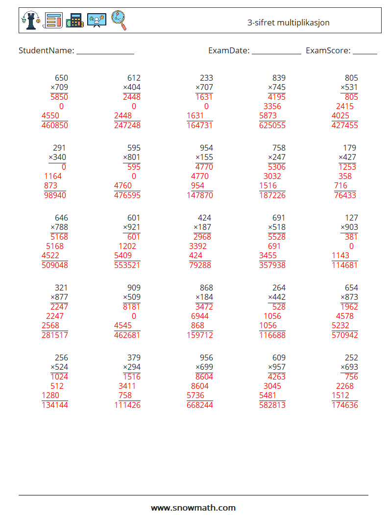 (25) 3-sifret multiplikasjon MathWorksheets 18 QuestionAnswer