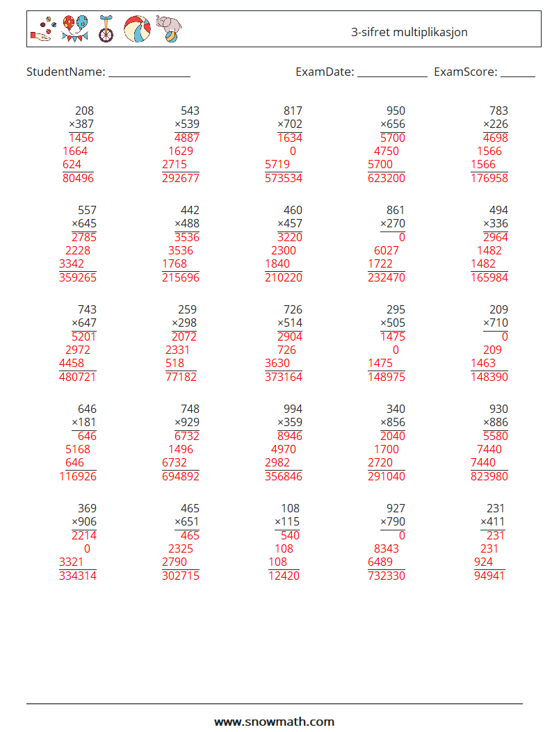 (25) 3-sifret multiplikasjon MathWorksheets 2 QuestionAnswer