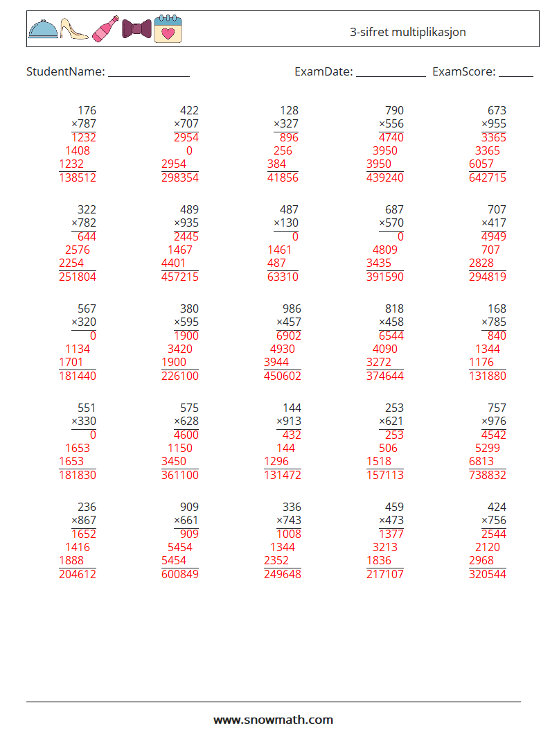 (25) 3-sifret multiplikasjon MathWorksheets 3 QuestionAnswer