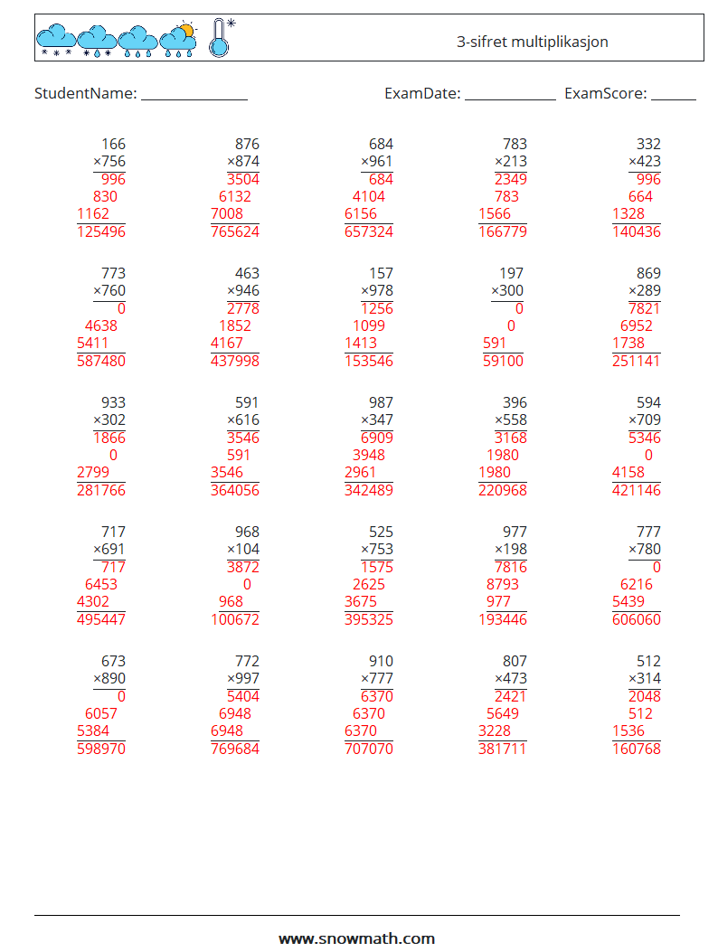 (25) 3-sifret multiplikasjon MathWorksheets 4 QuestionAnswer