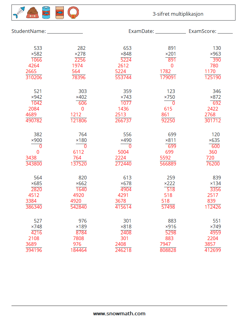 (25) 3-sifret multiplikasjon MathWorksheets 5 QuestionAnswer