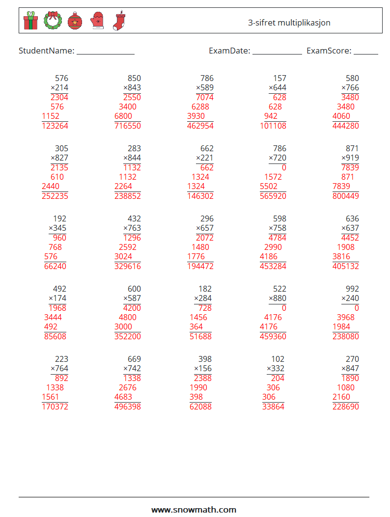 (25) 3-sifret multiplikasjon MathWorksheets 7 QuestionAnswer