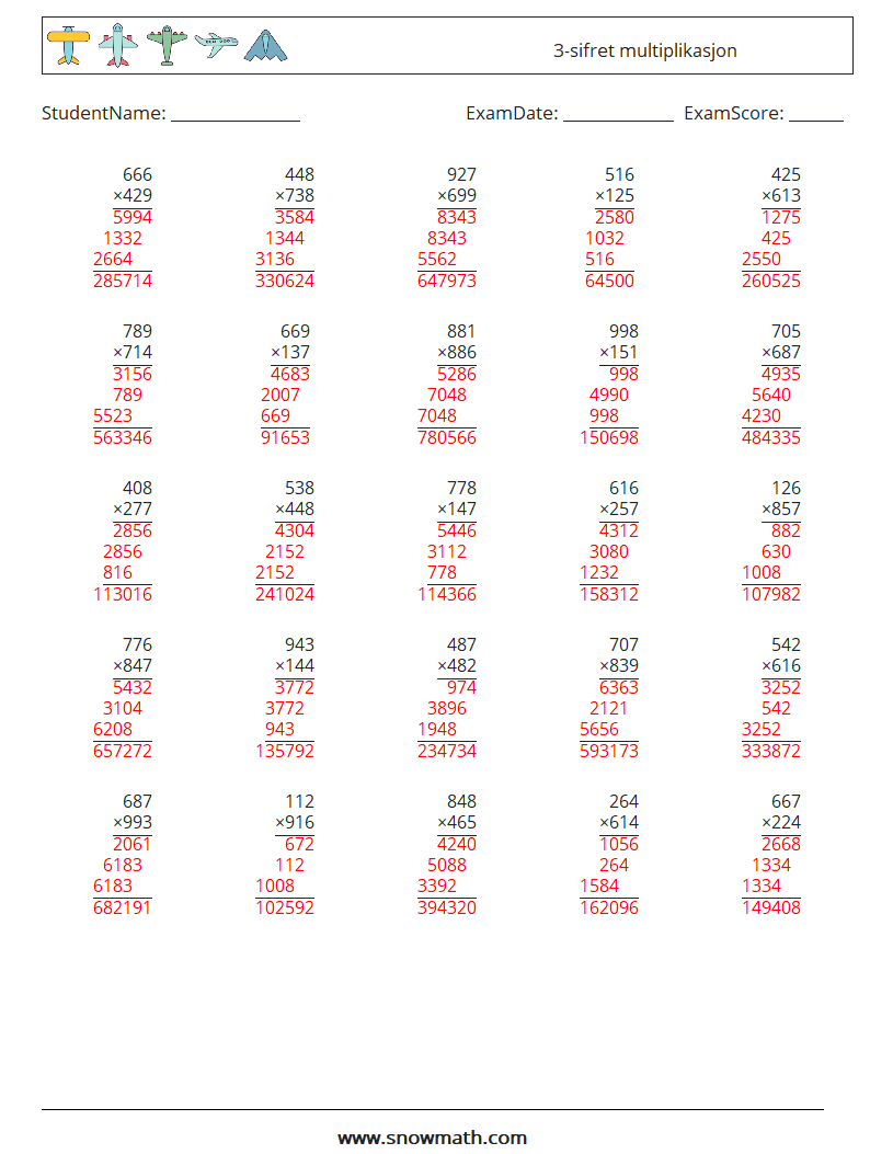 (25) 3-sifret multiplikasjon MathWorksheets 8 QuestionAnswer