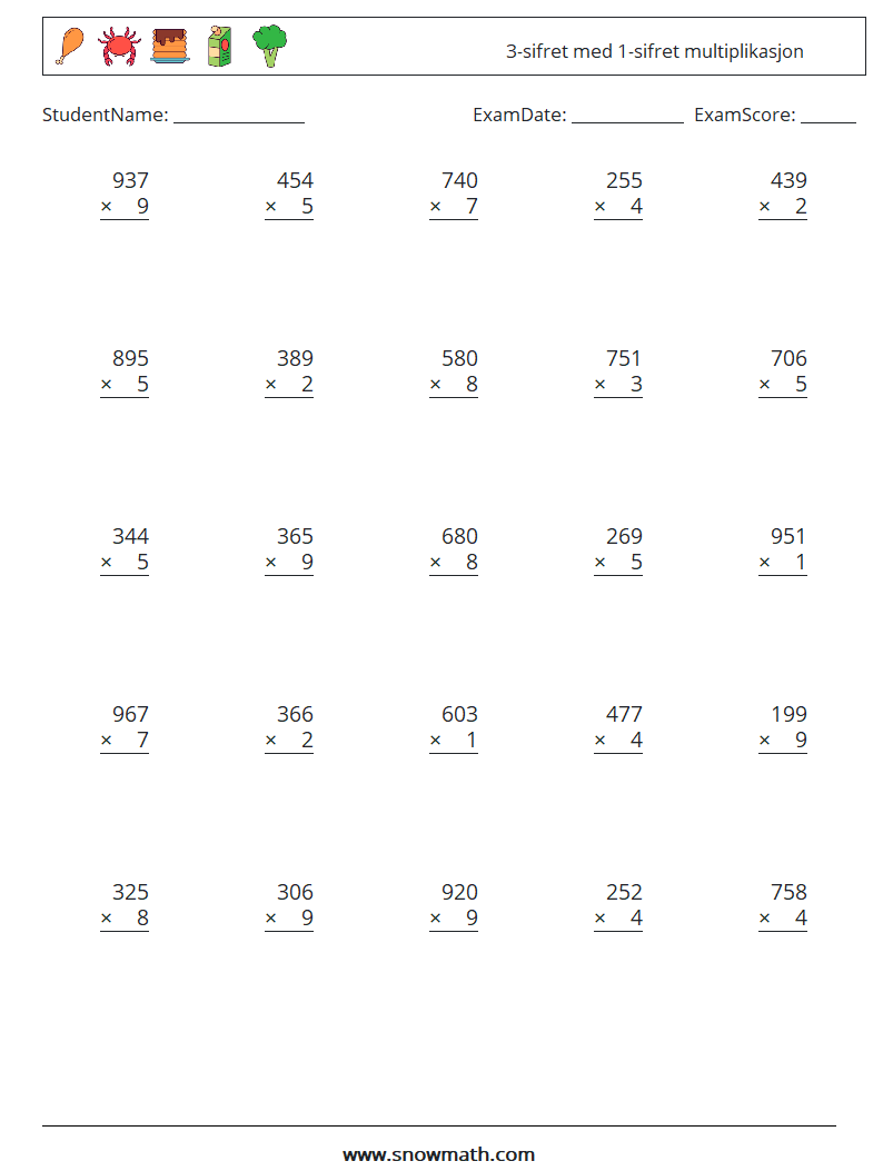 (25) 3-sifret med 1-sifret multiplikasjon MathWorksheets 1