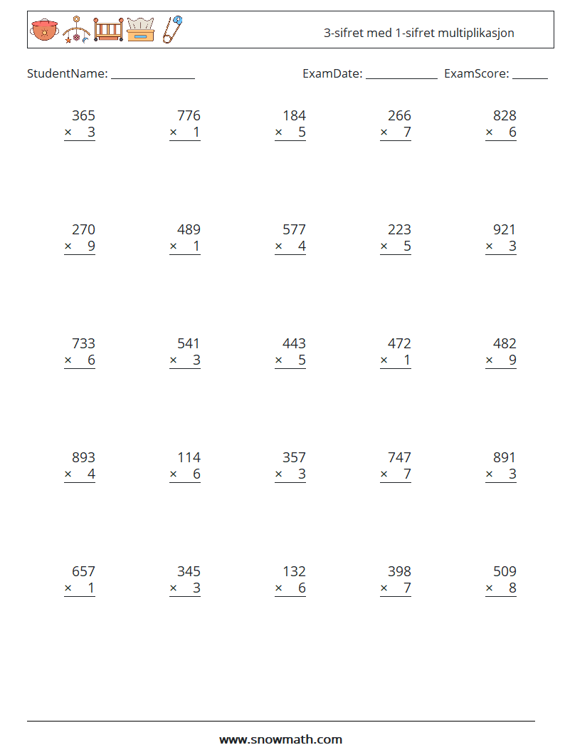 (25) 3-sifret med 1-sifret multiplikasjon MathWorksheets 10