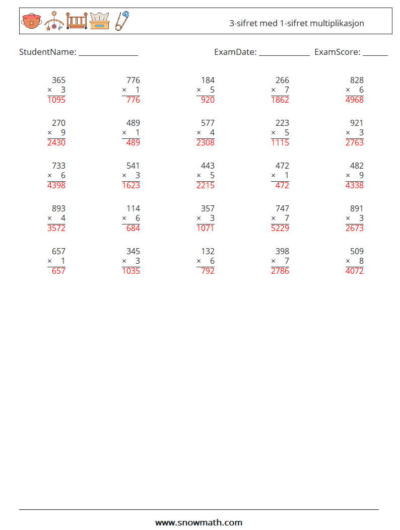 (25) 3-sifret med 1-sifret multiplikasjon MathWorksheets 10 QuestionAnswer