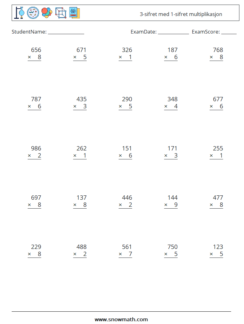 (25) 3-sifret med 1-sifret multiplikasjon MathWorksheets 11