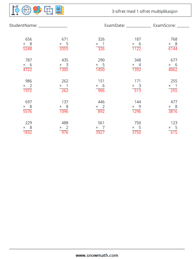 (25) 3-sifret med 1-sifret multiplikasjon MathWorksheets 11 QuestionAnswer