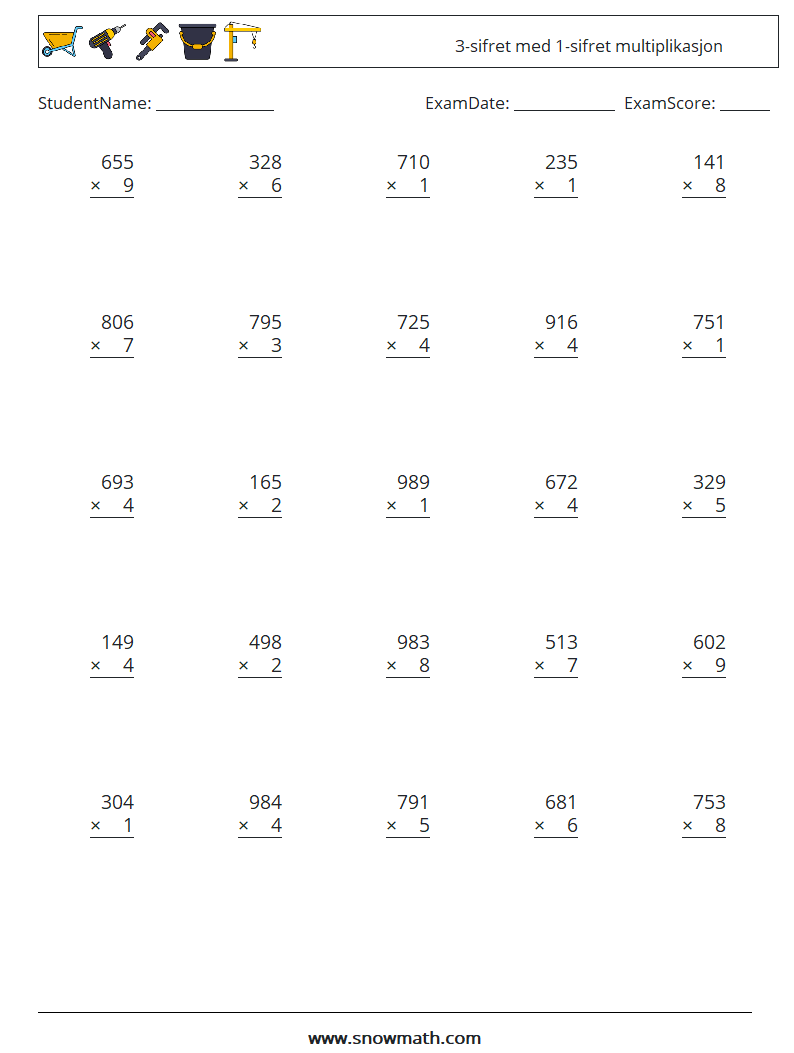 (25) 3-sifret med 1-sifret multiplikasjon MathWorksheets 12