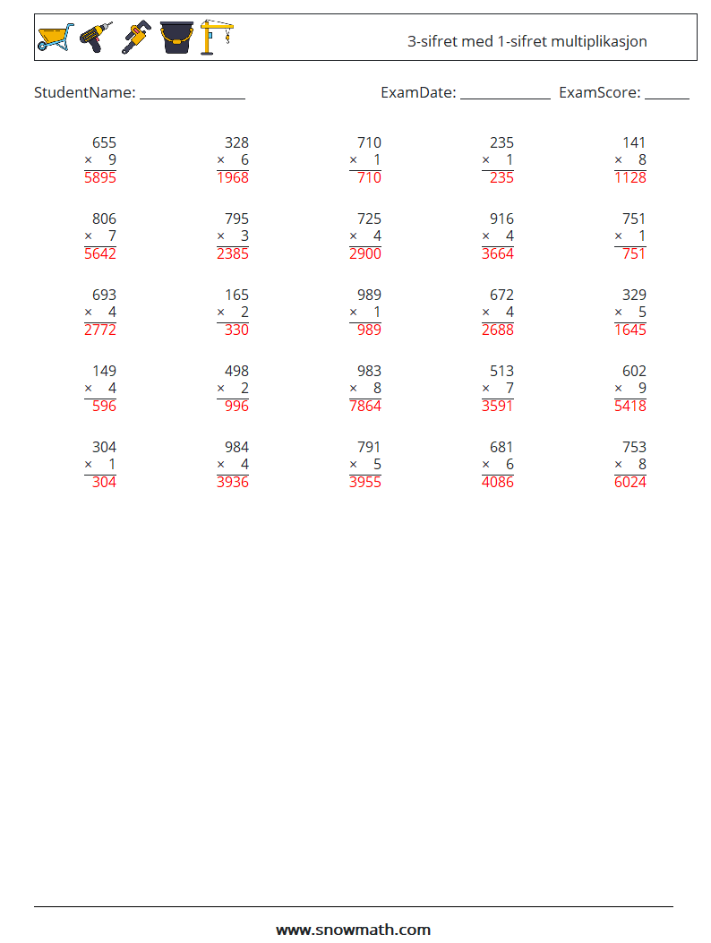 (25) 3-sifret med 1-sifret multiplikasjon MathWorksheets 12 QuestionAnswer