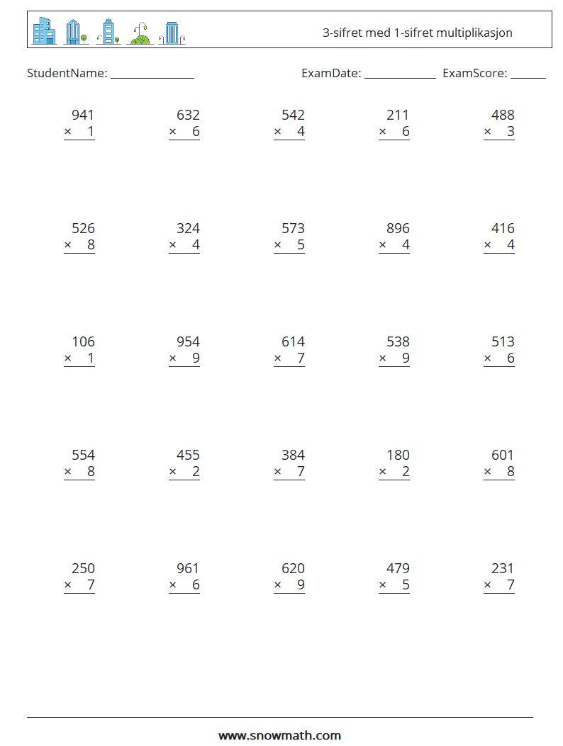 (25) 3-sifret med 1-sifret multiplikasjon MathWorksheets 13