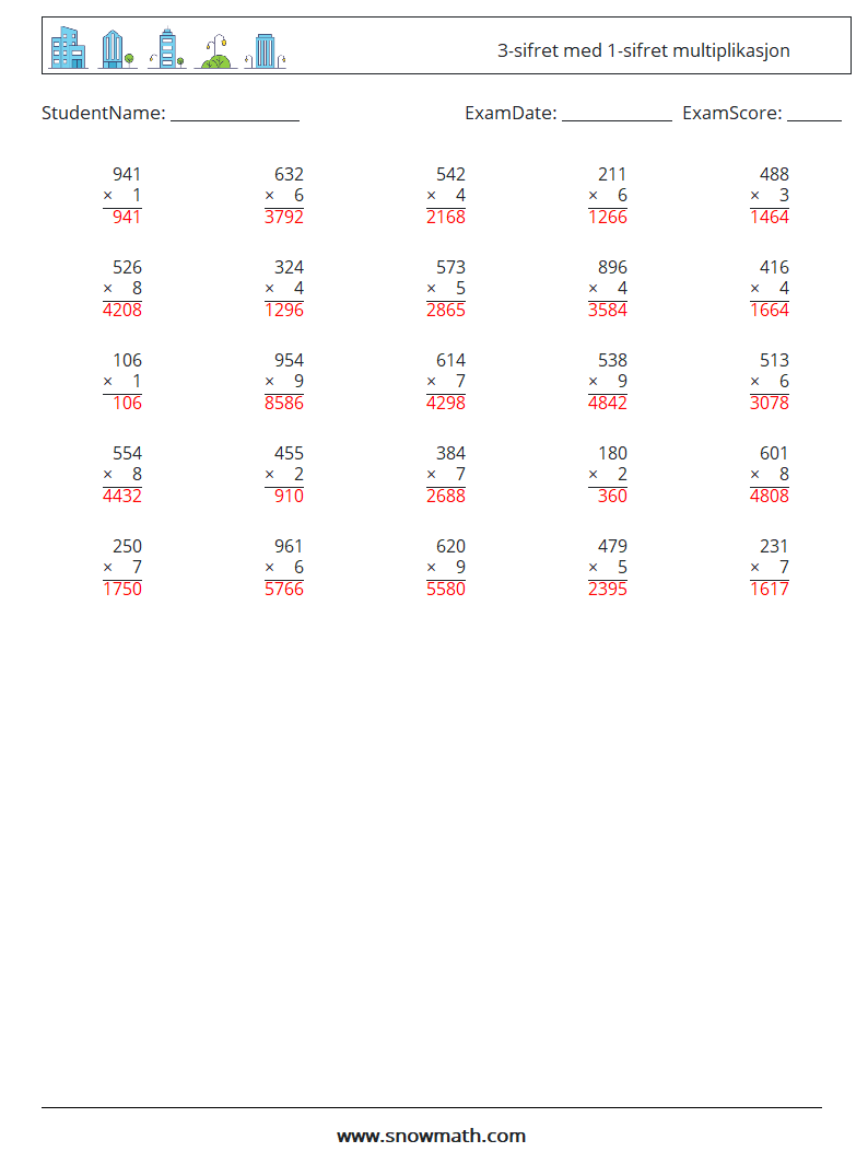 (25) 3-sifret med 1-sifret multiplikasjon MathWorksheets 13 QuestionAnswer