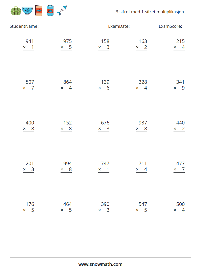 (25) 3-sifret med 1-sifret multiplikasjon MathWorksheets 14