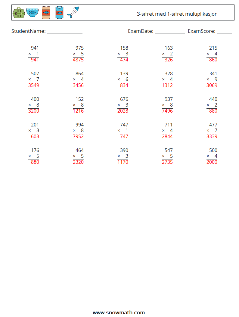 (25) 3-sifret med 1-sifret multiplikasjon MathWorksheets 14 QuestionAnswer