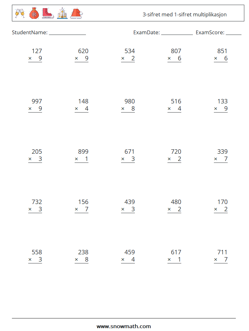 (25) 3-sifret med 1-sifret multiplikasjon MathWorksheets 15