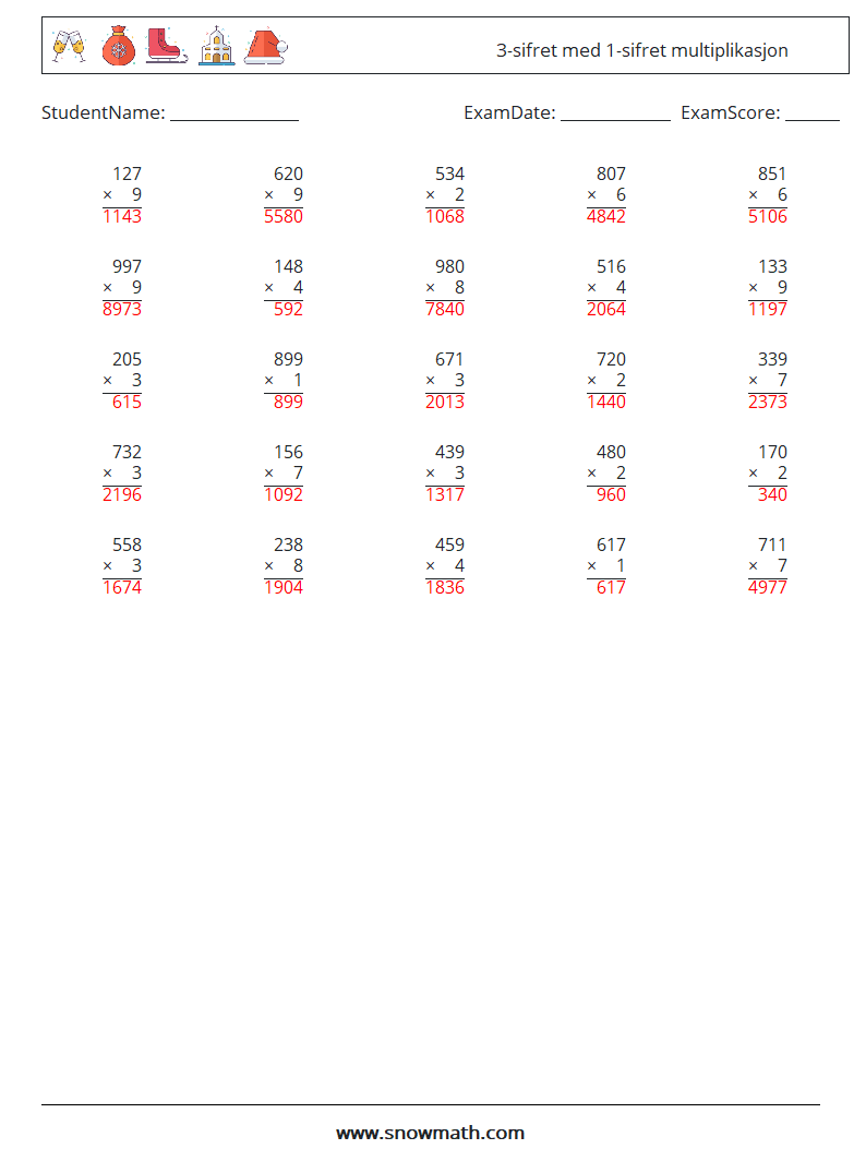 (25) 3-sifret med 1-sifret multiplikasjon MathWorksheets 15 QuestionAnswer