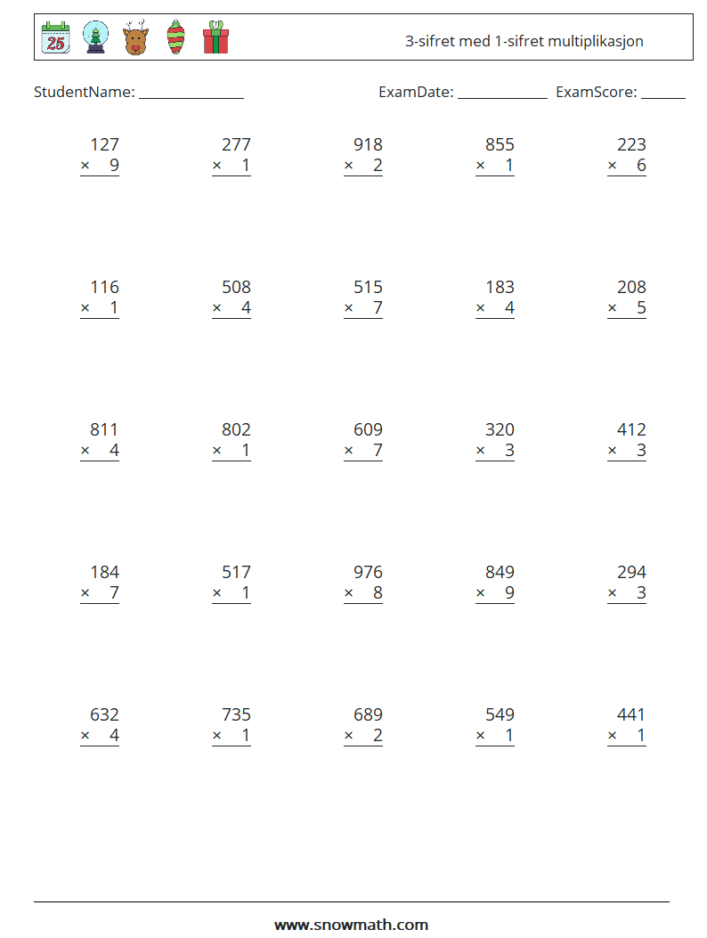 (25) 3-sifret med 1-sifret multiplikasjon MathWorksheets 16