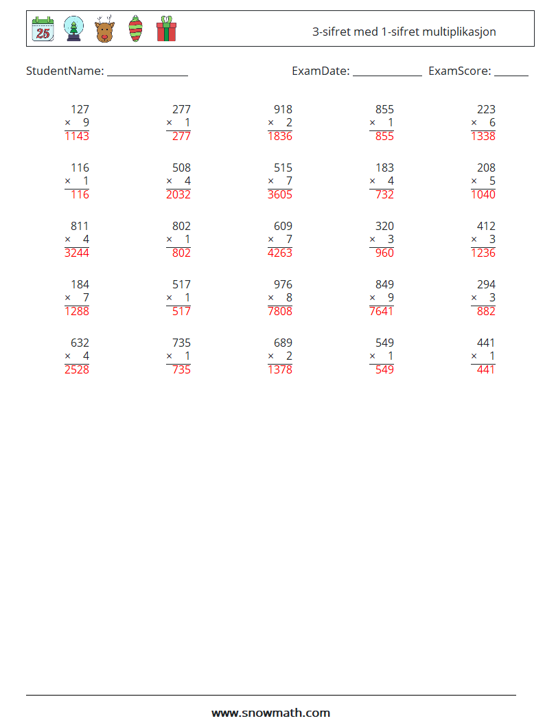 (25) 3-sifret med 1-sifret multiplikasjon MathWorksheets 16 QuestionAnswer