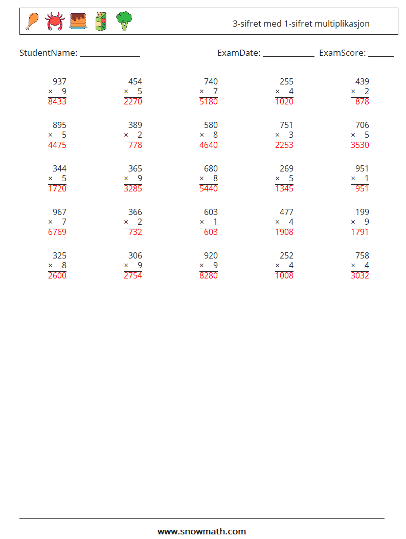(25) 3-sifret med 1-sifret multiplikasjon MathWorksheets 1 QuestionAnswer