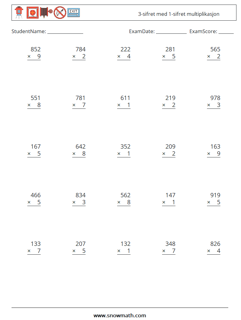(25) 3-sifret med 1-sifret multiplikasjon MathWorksheets 2