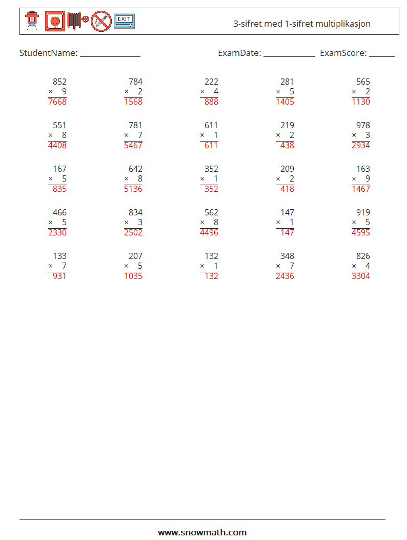 (25) 3-sifret med 1-sifret multiplikasjon MathWorksheets 2 QuestionAnswer
