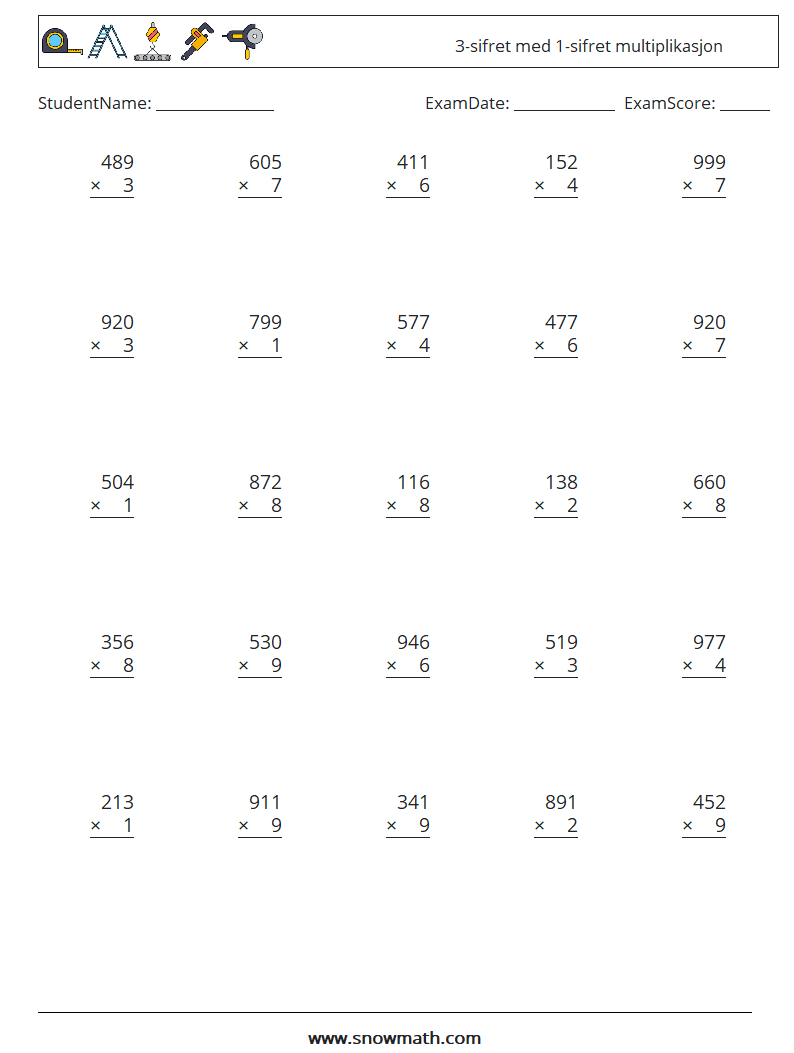 (25) 3-sifret med 1-sifret multiplikasjon MathWorksheets 3