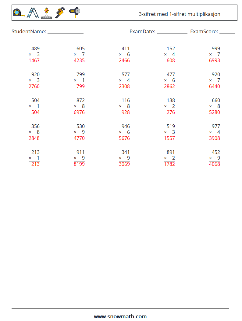 (25) 3-sifret med 1-sifret multiplikasjon MathWorksheets 3 QuestionAnswer