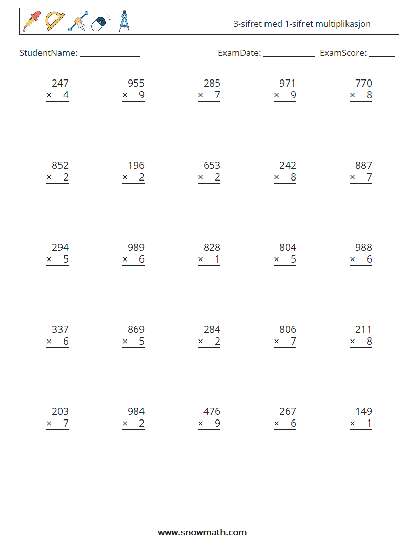 (25) 3-sifret med 1-sifret multiplikasjon MathWorksheets 4