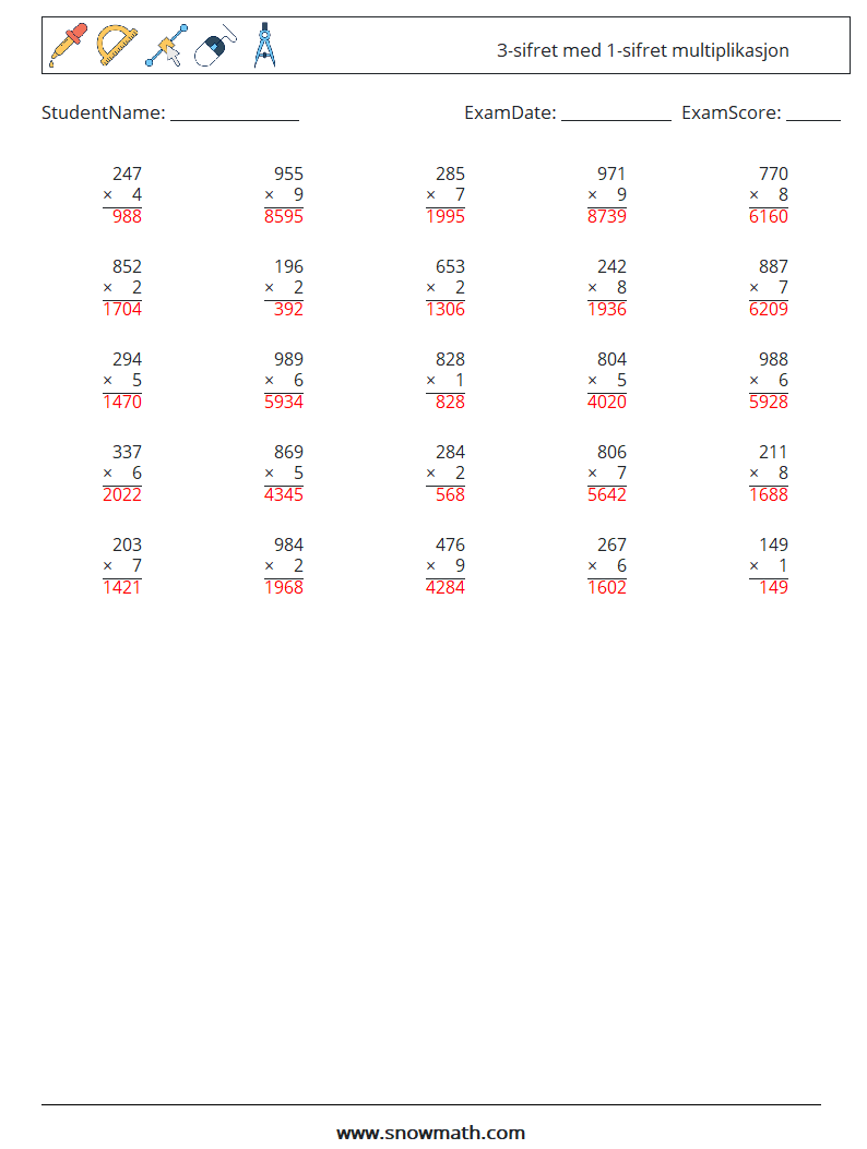 (25) 3-sifret med 1-sifret multiplikasjon MathWorksheets 4 QuestionAnswer