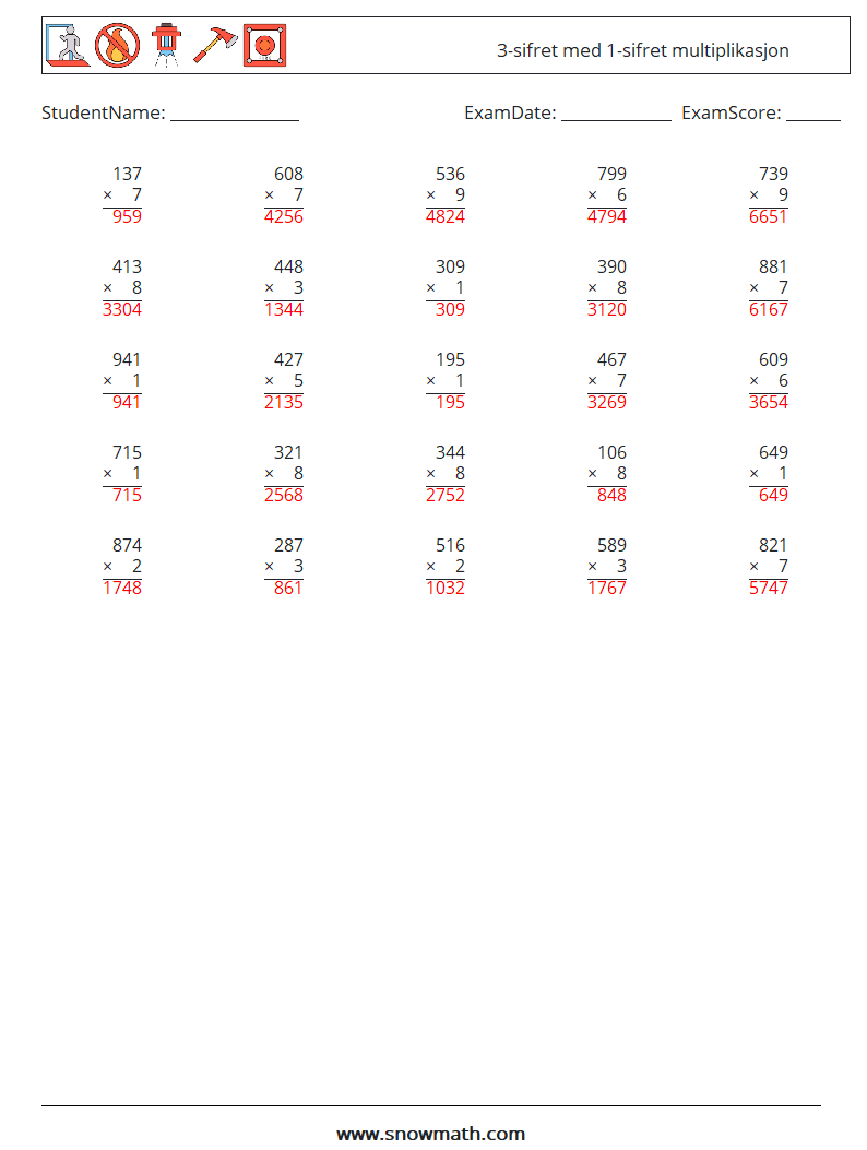 (25) 3-sifret med 1-sifret multiplikasjon MathWorksheets 5 QuestionAnswer