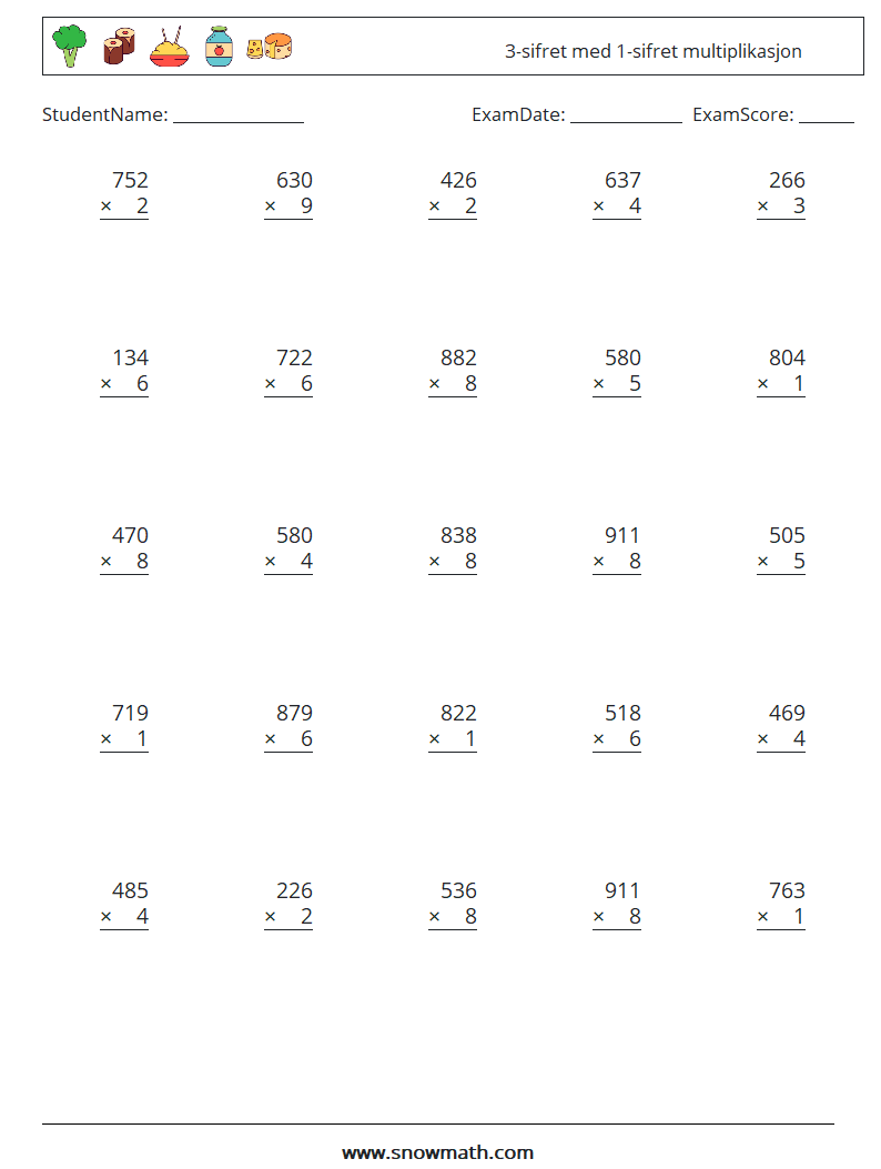 (25) 3-sifret med 1-sifret multiplikasjon MathWorksheets 6
