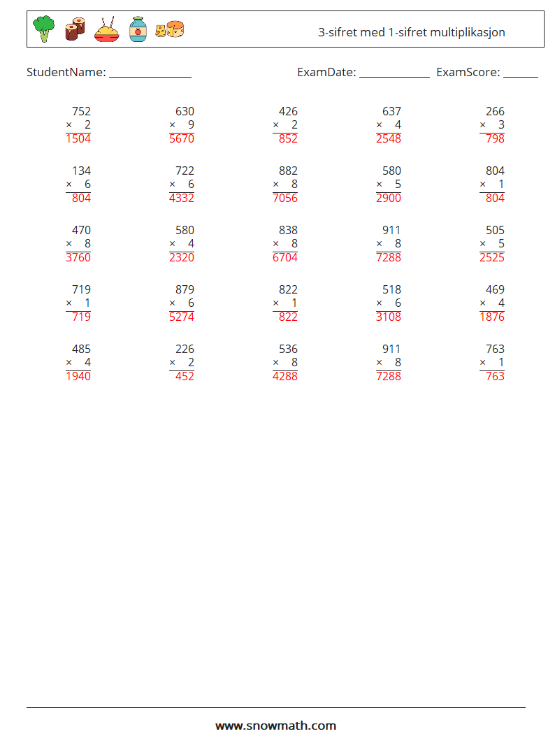 (25) 3-sifret med 1-sifret multiplikasjon MathWorksheets 6 QuestionAnswer