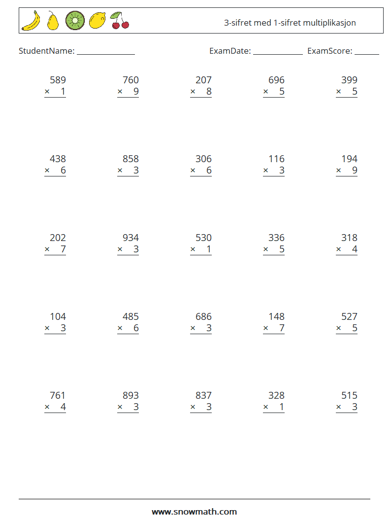 (25) 3-sifret med 1-sifret multiplikasjon MathWorksheets 7