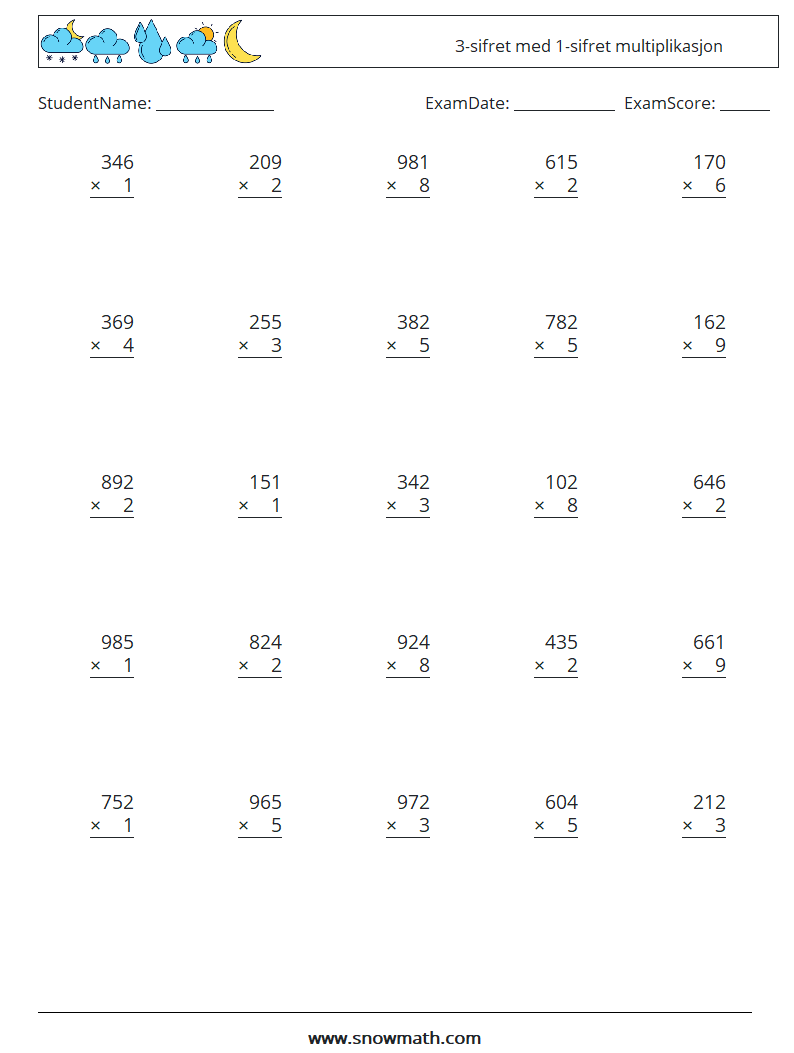 (25) 3-sifret med 1-sifret multiplikasjon MathWorksheets 8