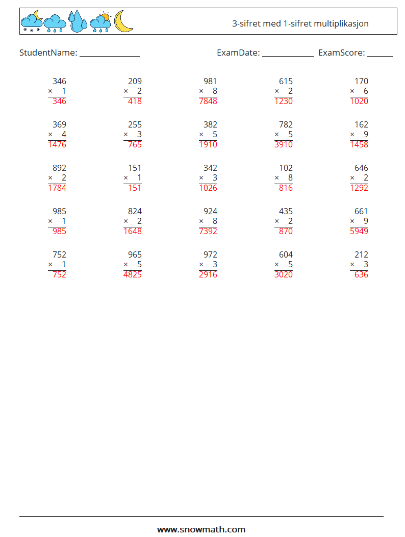 (25) 3-sifret med 1-sifret multiplikasjon MathWorksheets 8 QuestionAnswer