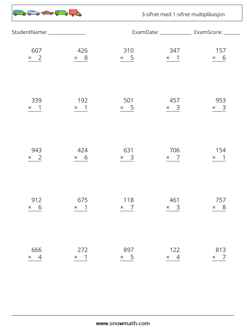 (25) 3-sifret med 1-sifret multiplikasjon MathWorksheets 9